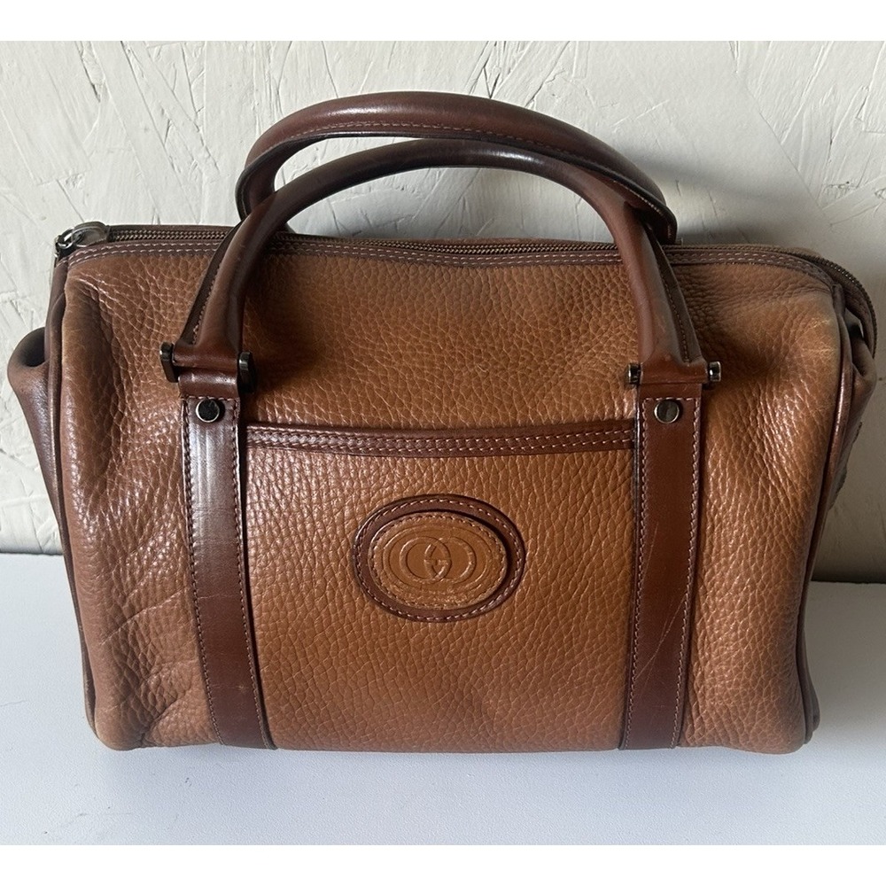 GUCCI Vintage Boston Bag Style GG Brown Top Handle Leather HandBag Shoulder